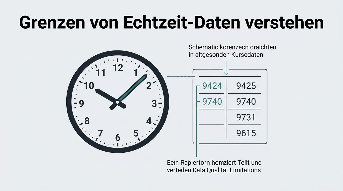 Representación serena de un reloj junto a un panel de cotizaciones para explicar el desfase temporal de los datos