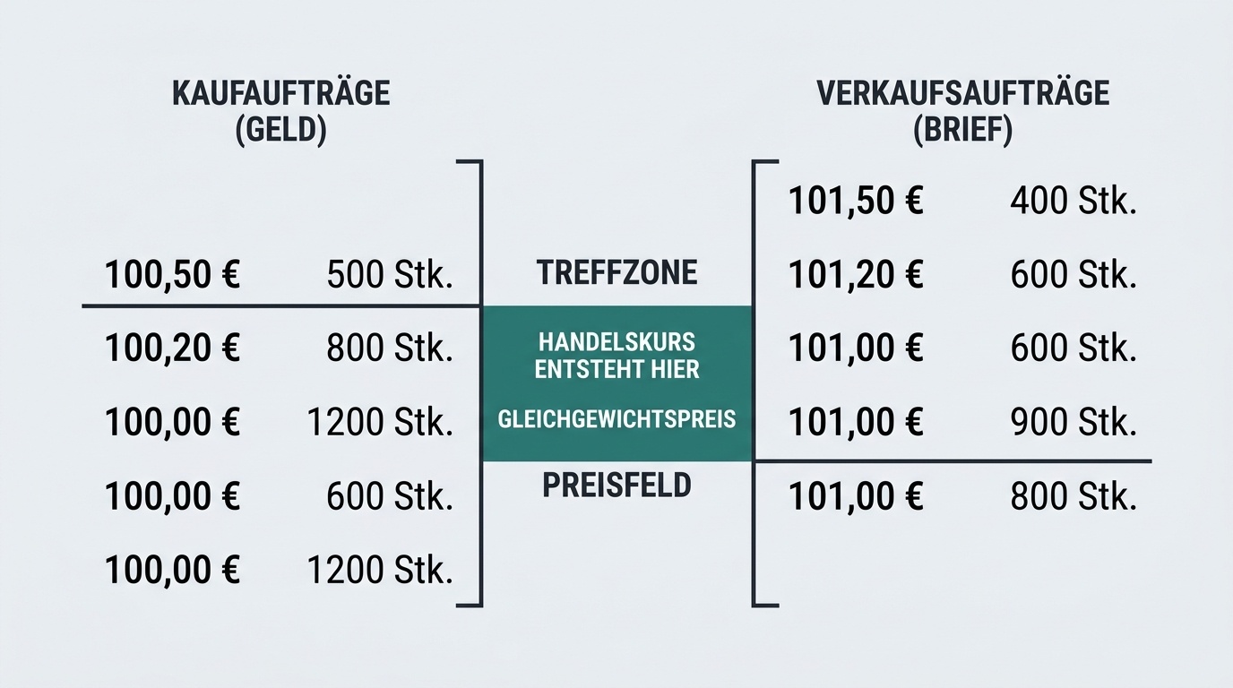 Representación simplificada de un libro de órdenes con órdenes de compra y venta para explicar la formación del precio
